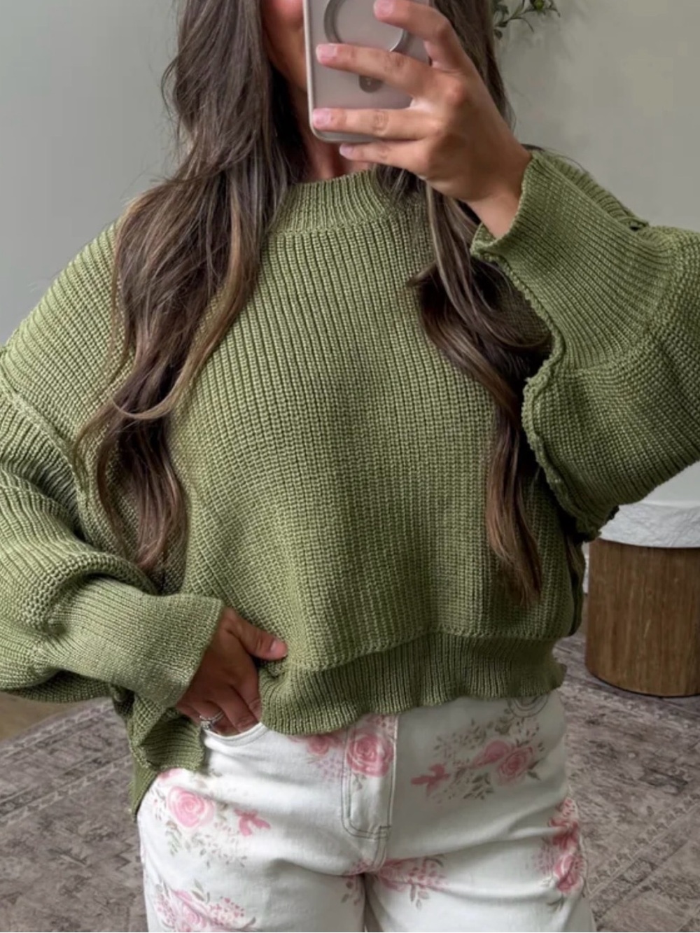 Le Lis Olive-Tone Cropped Crewneck Sweater